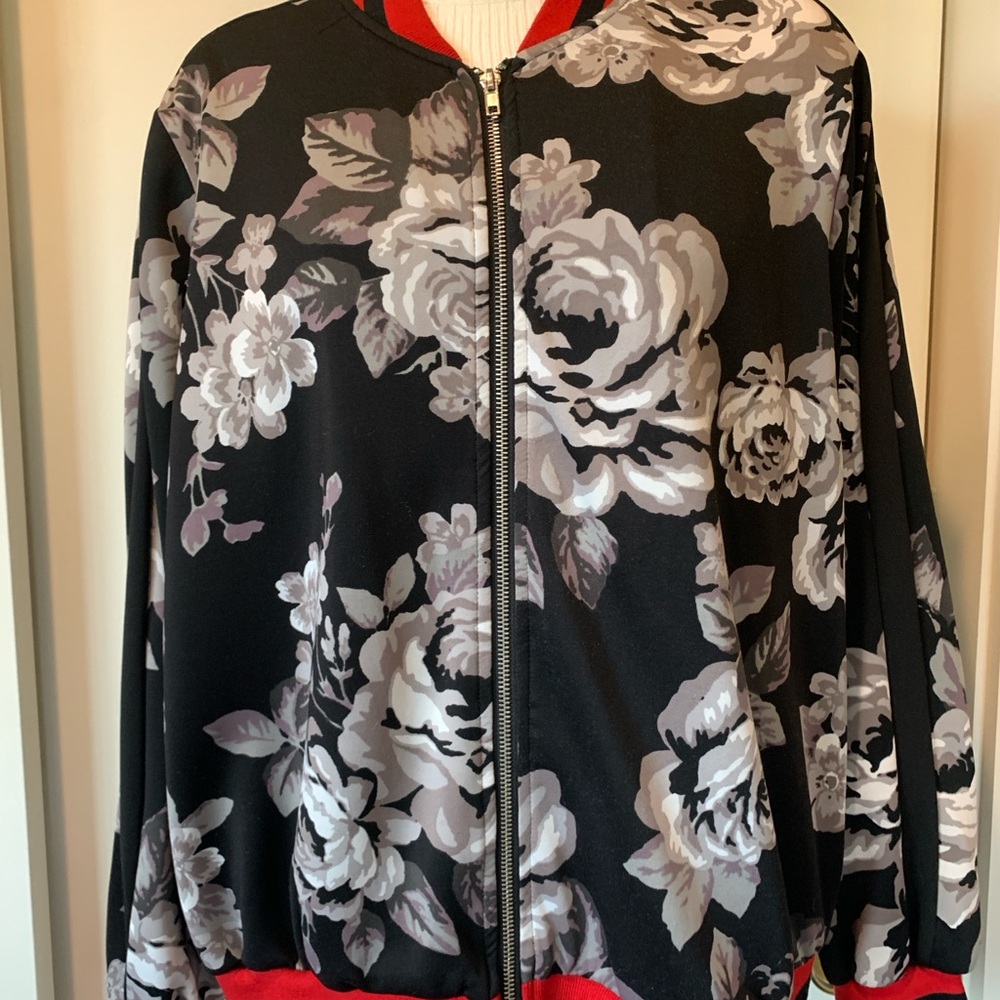 Floral Black and Gray Women's Zip Front Bomber Style Jacket